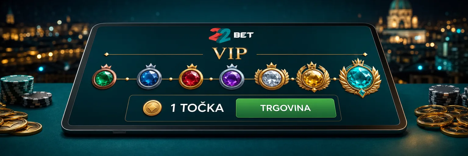 Lestvica VIP pri 22Bet z osmimi stopnjami od Copper do VIP Status in zbranimi točkami zvestobe