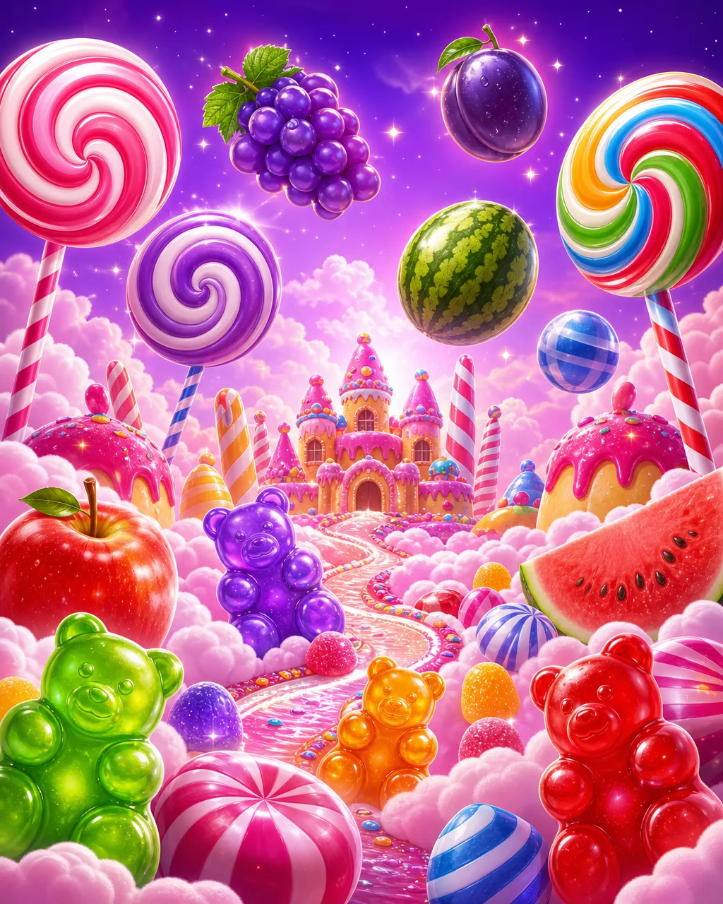 Naslovnica igralnega avtomata Sweet Bonanza s sadjem in bonboni